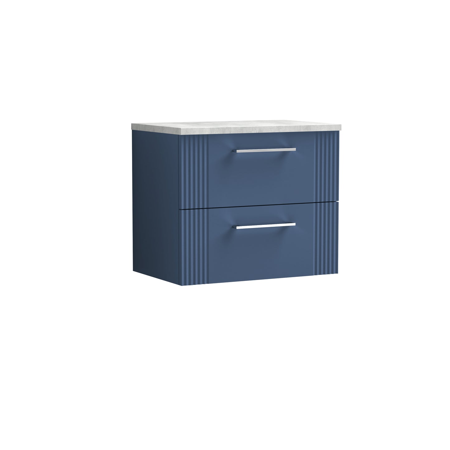 Nuie Deco 600mm Satin Blue Fluted Wall Hung 2-Drawer Vanity Unit With Laminate Top & Chrome Handles