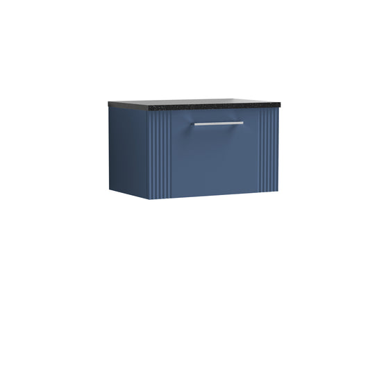 Nuie 600mm Fluted Satin Blue Wall Hung Single Drawer Vanity Unit With Laminate Top & Handles
