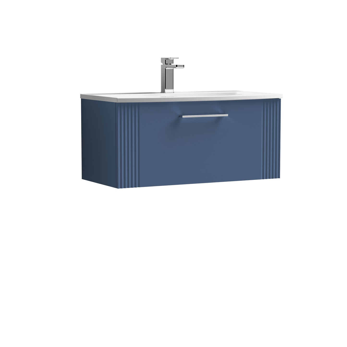 Nuie Art Deco 800mm Satin Blue Wall Hung Single Drawer Vanity Unit With Basin With Chrome Handle