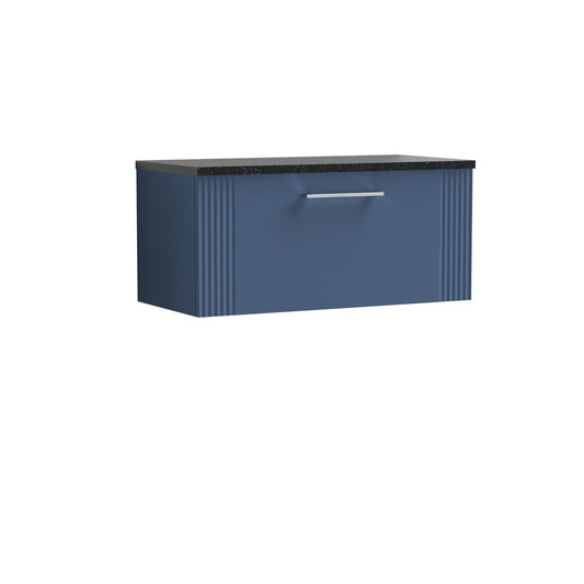 Nuie 800mm Part Fluted Satin Blue Wall Hung Single Drawer Vanity With Laminate Top & Chrome Handles
