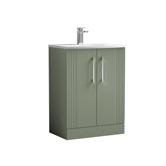 Nuie Deco 600mm Satin Green Floor Standing 2-Door Vanity Unit with Basin With Chrome Handles
