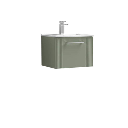 Nuie 500mm Satin Green Part Fluted Wall Hung Single Drawer Vanity Unit With Basin & Chrome Handle