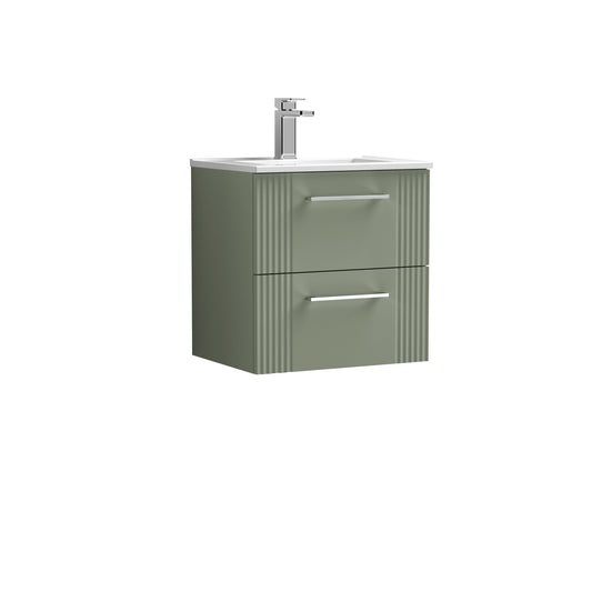 Nuie 500mm Satin Green Part Fluted Wall Hung 2-Drawer Vanity Unit with Basin & Chrome Handles