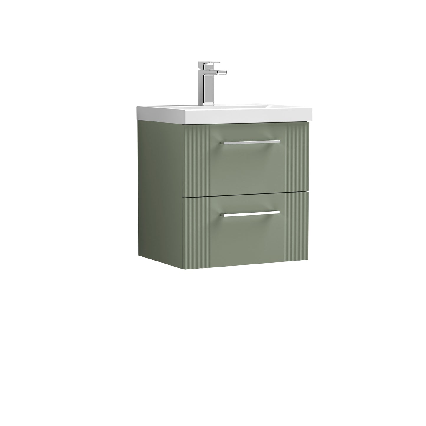 Nuie 500mm Satin Green Part Fluted Wall Hung 2-Drawer Vanity Unit with Thin-Edge Basin & Chrome Handles