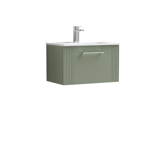 Nuie 600mm Satin Green Part Fluted Wall Hung Single Drawer Vanity Unit with Basin With Chrome Handle