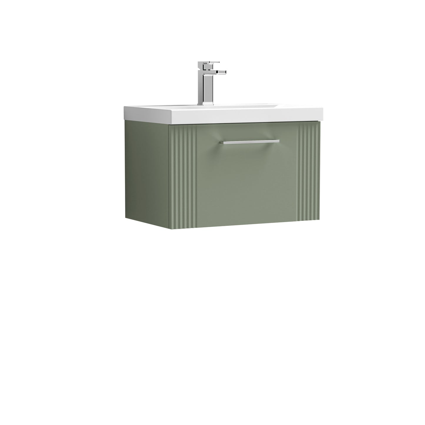 Nuie 600mm Satin Green Deco Wall Hung Single Drawer Vanity Unit & Basin With White Ceramic & Chrome Handles