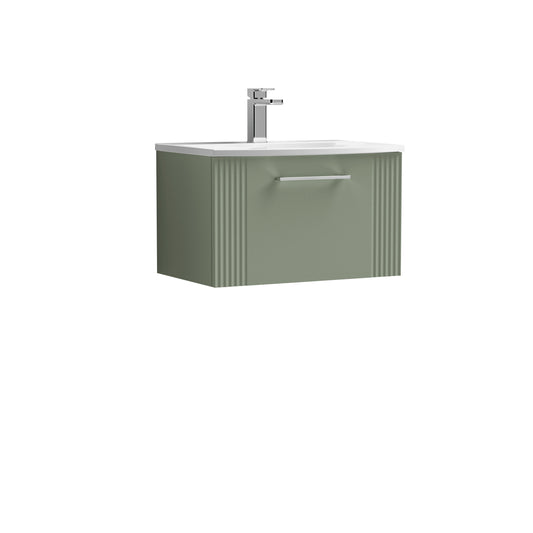 Nuie Deco 600mm Wall Hung Satin Green Single Drawer Vanity & Curved Basin With Chrome Handle
