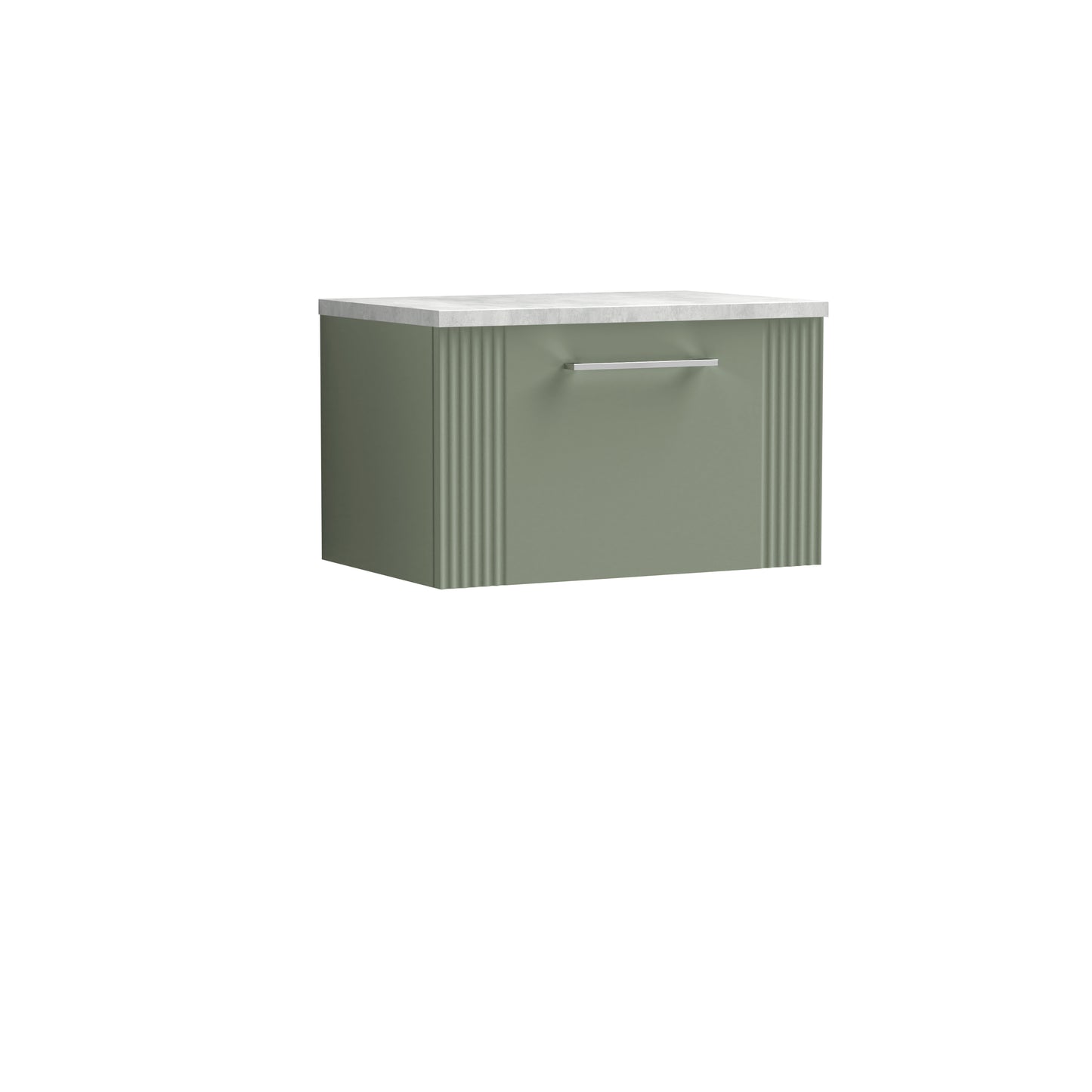 Nuie Art Deco 600mm Satin Green Wall Hung Single Drawer Vanity With Laminate Top & Chrome D Shape Handles