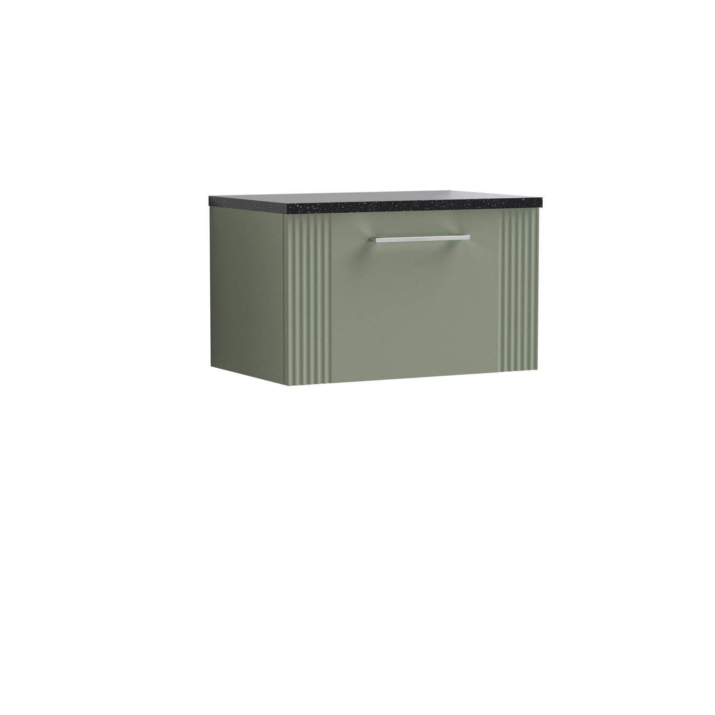 Nuie Deco 600mm Satin Green Wall Hung Single Drawer Vanity Unit With Chrome Handles & Laminate Top