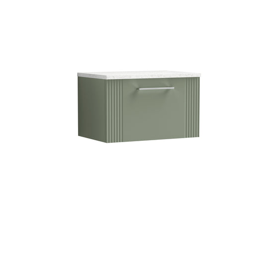 Nuie 600mm Satin Green Wall Hung Single Drawer Vanity Unit With Laminate Top & Chrome Handles
