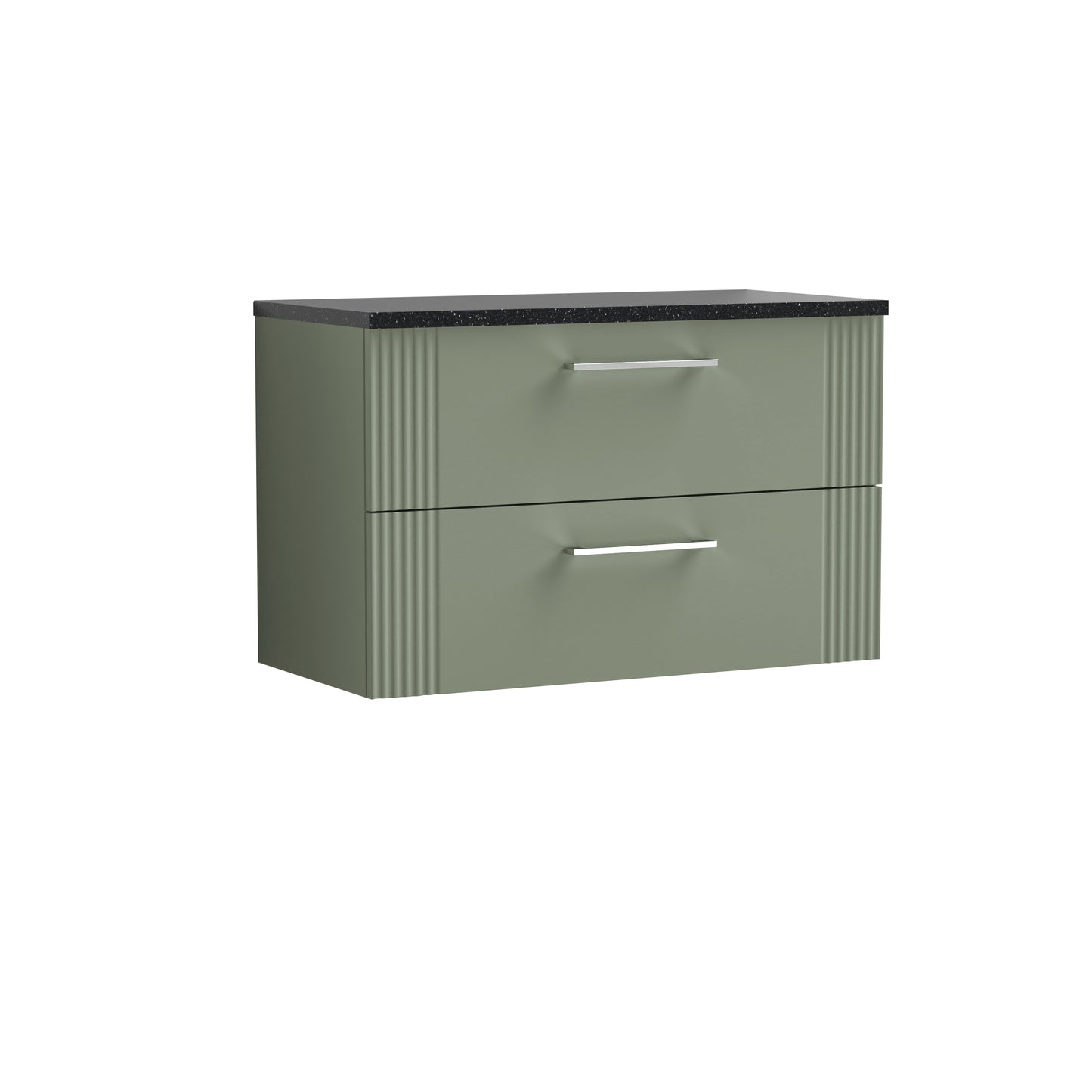 Nuie 800mm Wall Hung Satin Green Part Fluted 2-Drawer Vanity Unit With Laminate Top & Chrome Handles