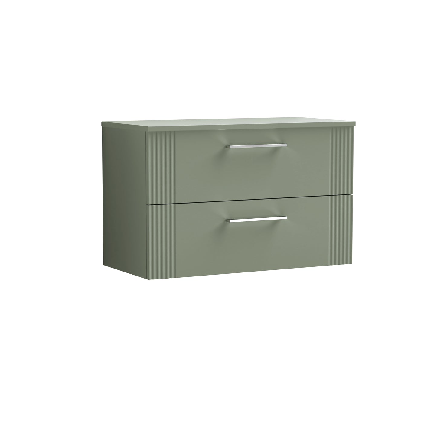 Nuie 800mm Art Deco Satin Green Wall Hung 2-Drawer Vanity Unit & Worktop With Chrome Handles