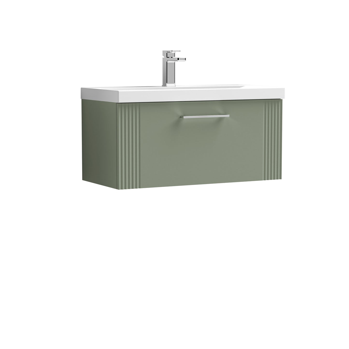 Nuie Deco 800mm Satin Green Wall Hung Single Drawer Vanity Unit with Thin-Edge Basin with Chrome Handle