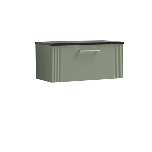 Nuie 800mm Satin Green Part Fluted Wall Hung Single Drawer Vanity Unit With Chrome Handles