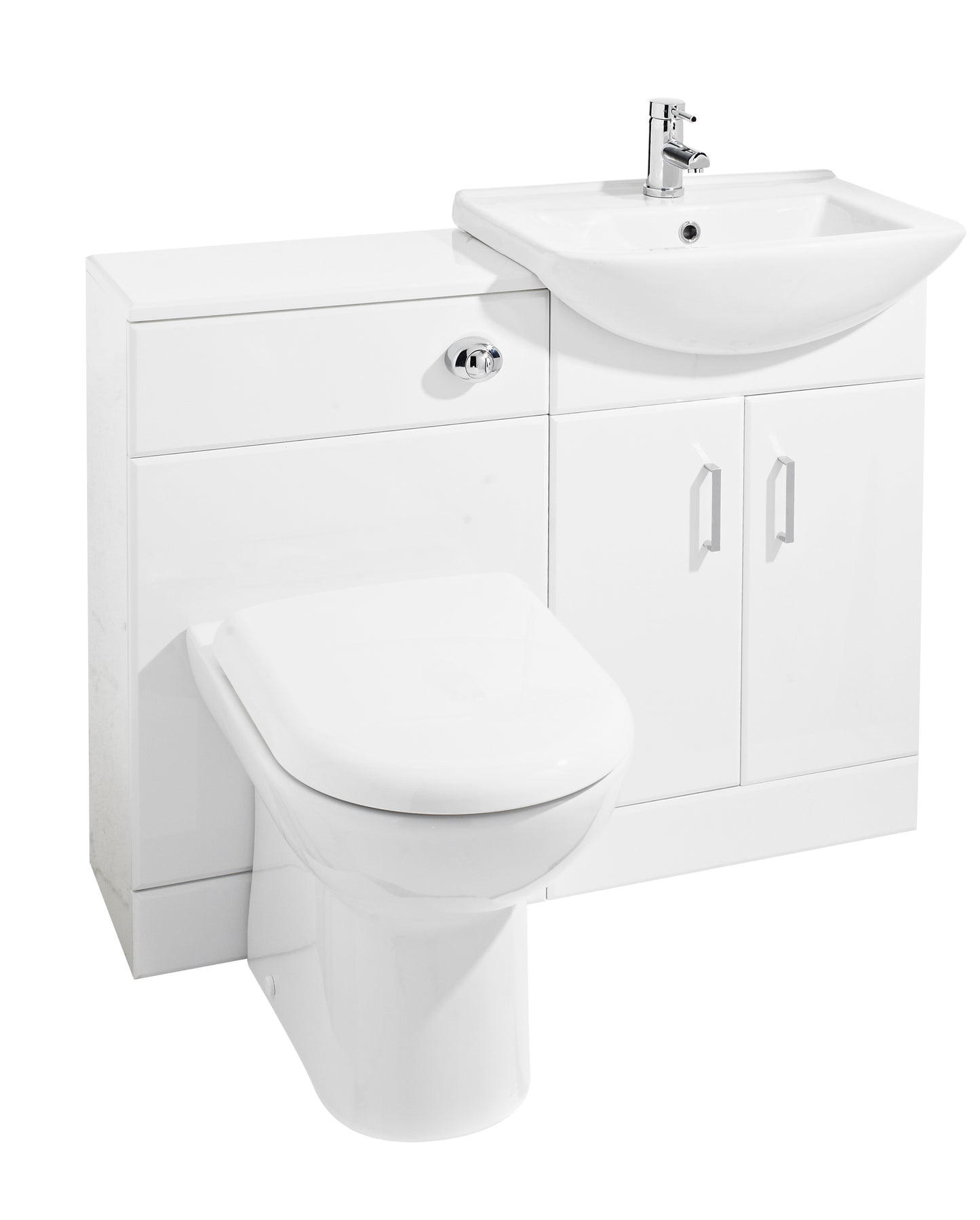 Nuie Saturn 1063mm Gloss White Floor Standing Cloakroom Furniture Pack with Basin, Pan & Soft Close Seat