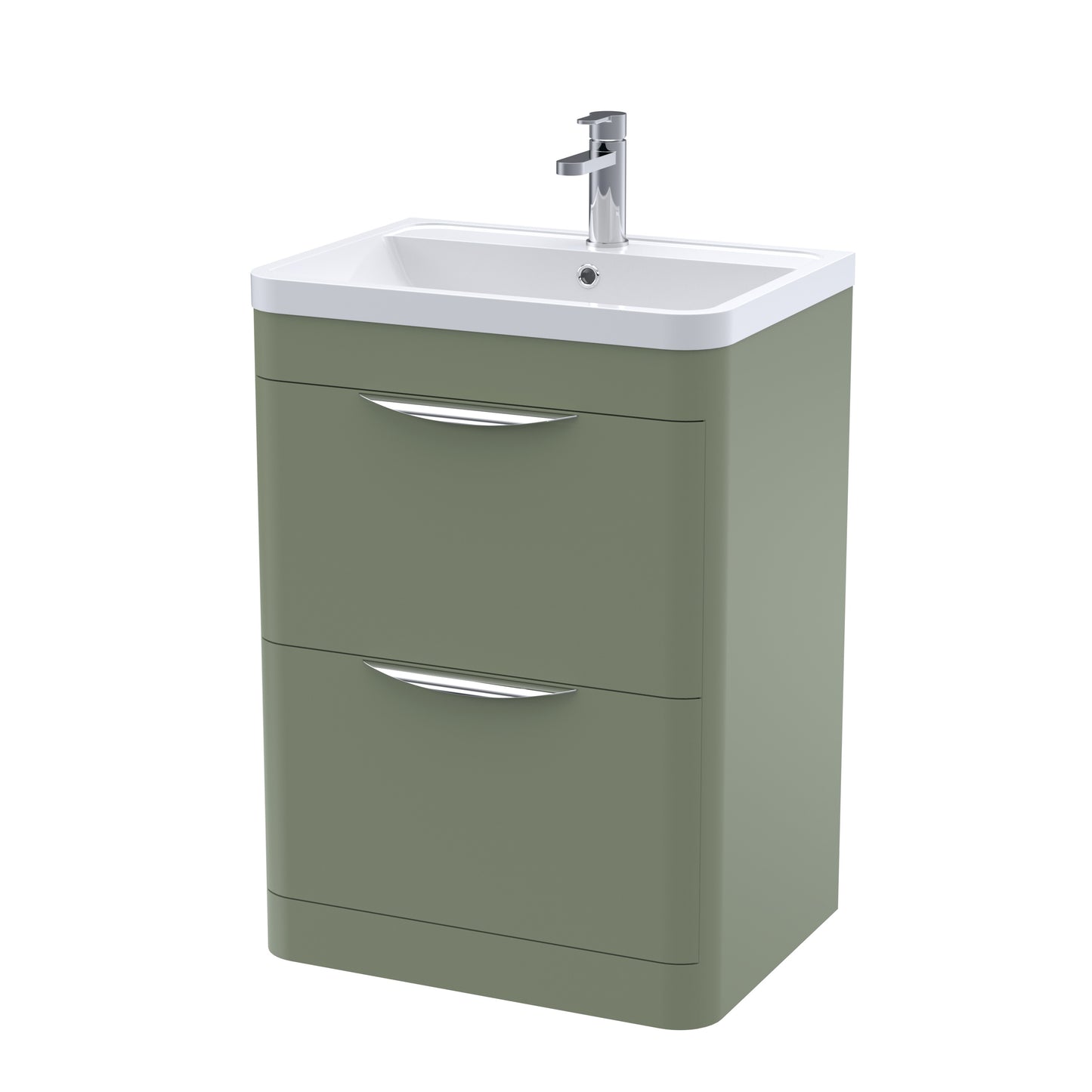 Nuie Parade 600mm Satin Green Floor Standing 2 Drawer Vanity Unit with Polymarble Basin