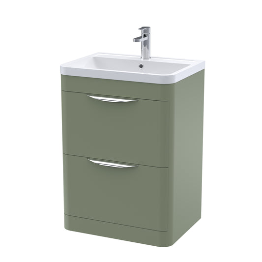 Nuie Parade 600mm Satin Green Floor Standing 2 Drawer Vanity Unit With Polymarble Basin