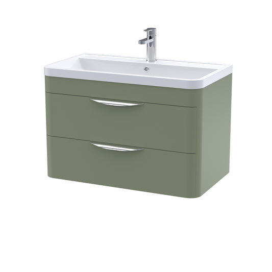 Nuie 800mm Satin Green 2 Drawer Wall Hung Vanity Unit with Polymarble Basin