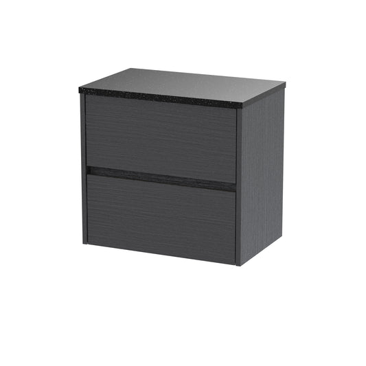 Nuie 600mm Graphite Grey Woodgrain Wall Hung 2 Drawer Unit with Laminate Worktop