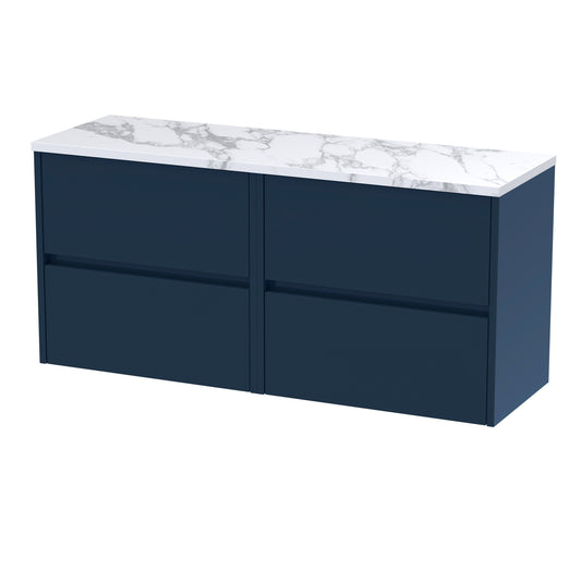 Nuie Havana 1200mm Midnight Blue Wall Hung Handleless 4-Drawer Unit With Laminate Worktop