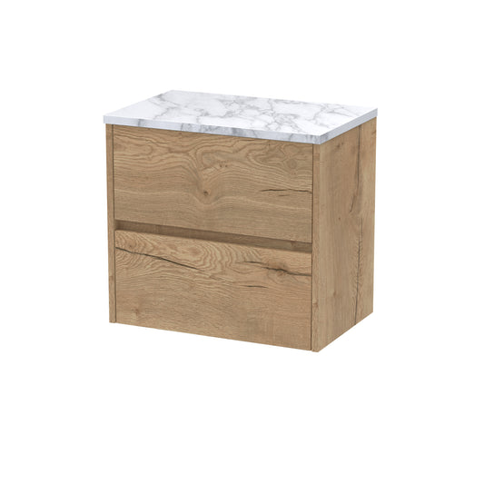 Nuie Havana 600mm Autumn Oak Wall Hung 2-Drawer Unit with Laminate Worktop