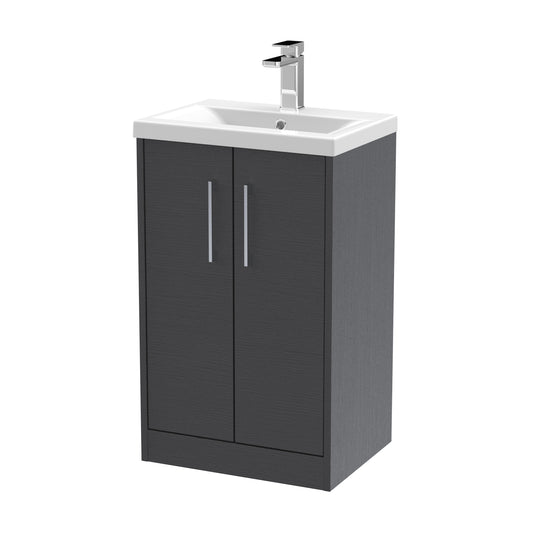 Hudson Reed Juno 500mm Graphite Grey Woodgrain Floor Standing 2-Door Vanity Unit With 1 Tap Hole Basin