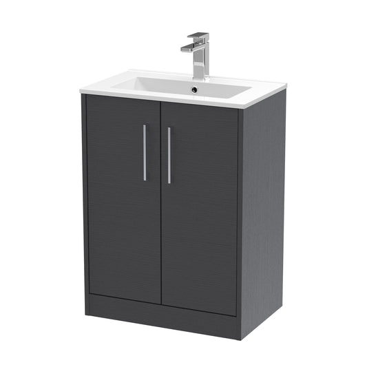 Hudson Reed Juno 600mm Graphite Grey Woodgrain Floor Standing 2-Door Vanity Unit With 1 Tap Hole Basin