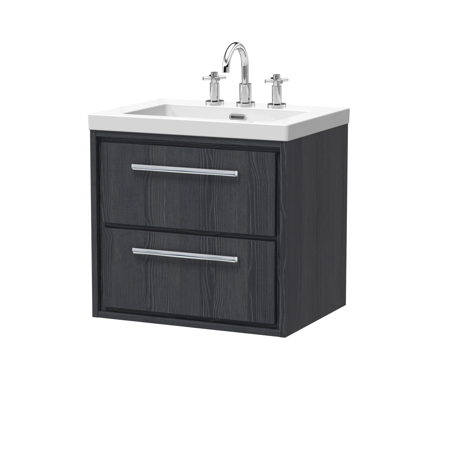 Hudson Reed Lille 600mm Graphite Grey Woodgrain Wall Hung 2-Drawer Vanity With 3 Tap Hole Basin