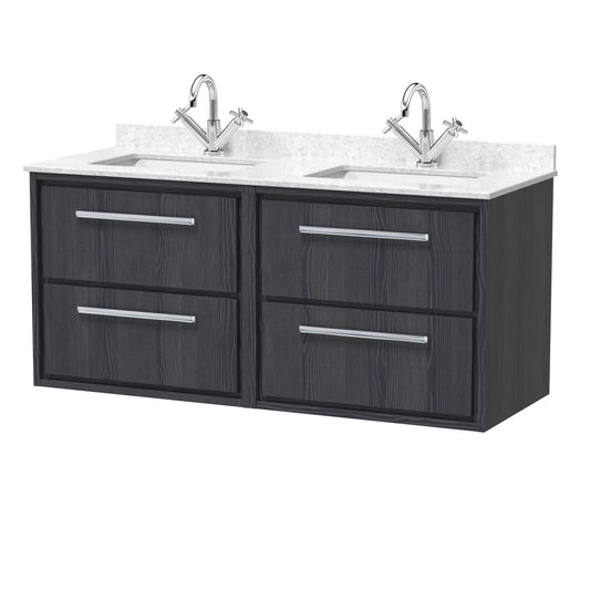 Hudson Reed Lille 1200mm Wall Hung 4-Drawer Vanity Unit with Double Marble Basin, Backsplash & 2 Tap Holes