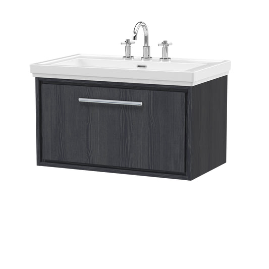 Hudson Reed Lille 800mm Graphite Grey Woodgrain Wall Hung Single Drawer Vanity Unit With 3 Tap Hole Basin