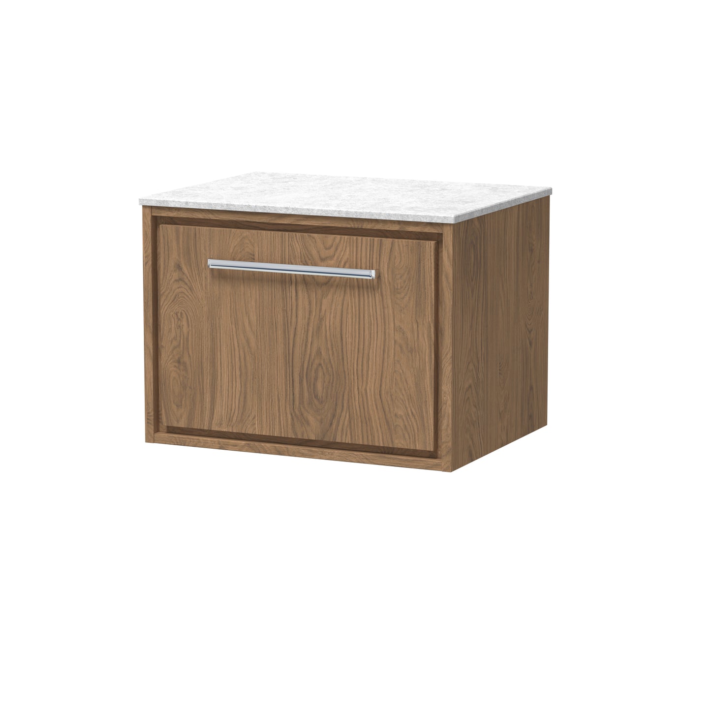 Hudson Reed Lille 600mm Antique Oak Wall Hung Single Drawer Vanity Unit With Marble Worktop & Handle