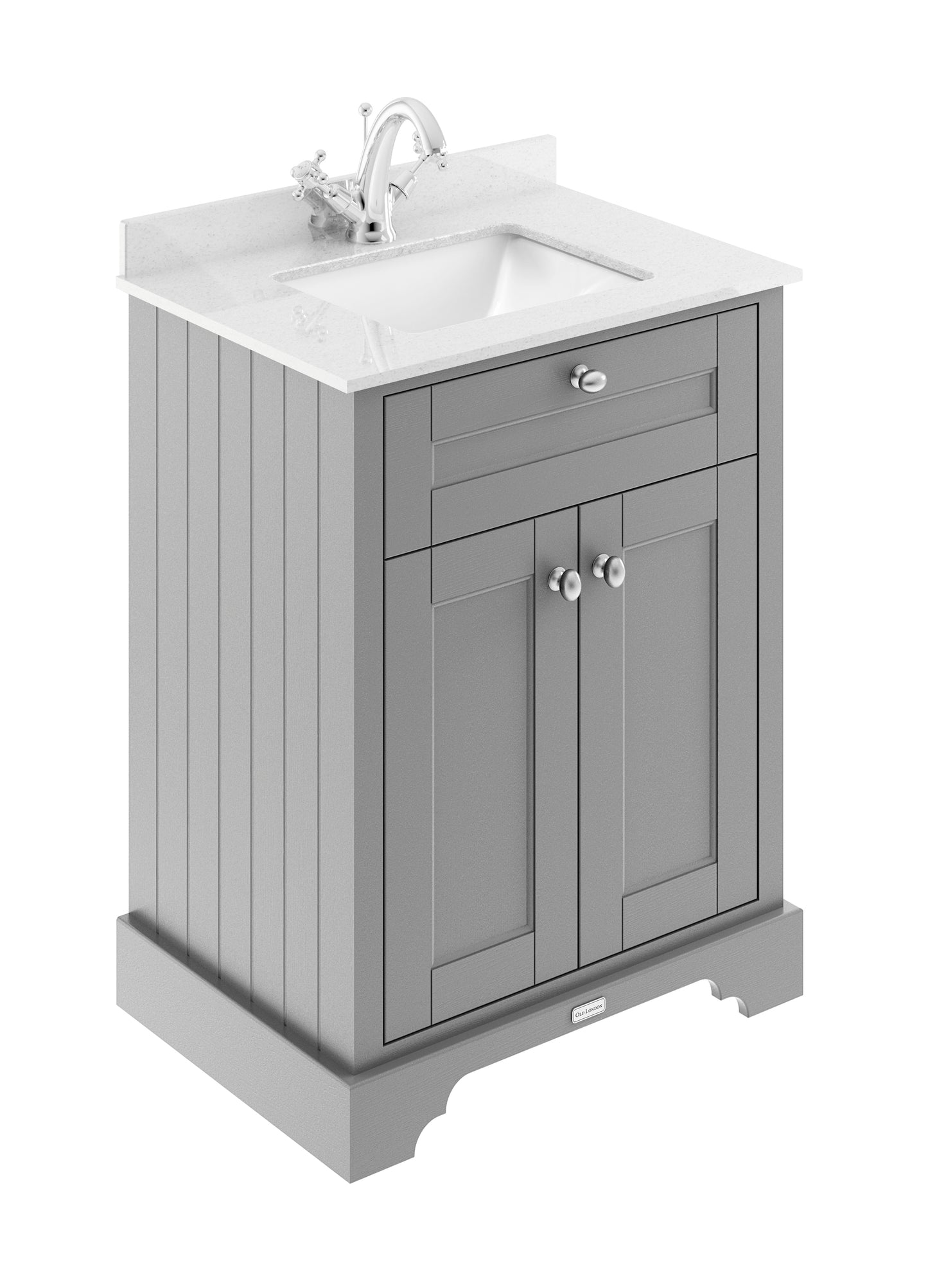 Hudson Reed Old London 600mm Storm Grey Floor Standing 2 Door Vanity Basin Unit With Square Basin, 1 Tap Hole & Marble Top