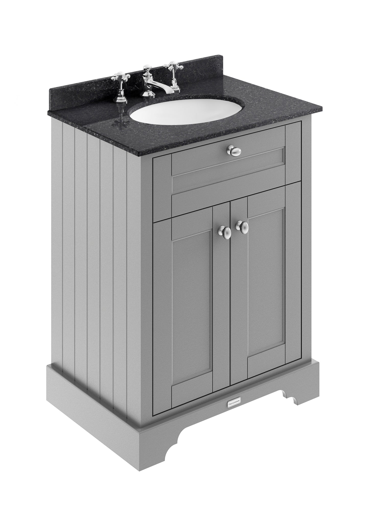 Hudson Reed Old London 600mm Storm Grey Floor Standing 2 Door Vanity Unit with 3 Tap Hole Black Marble Top