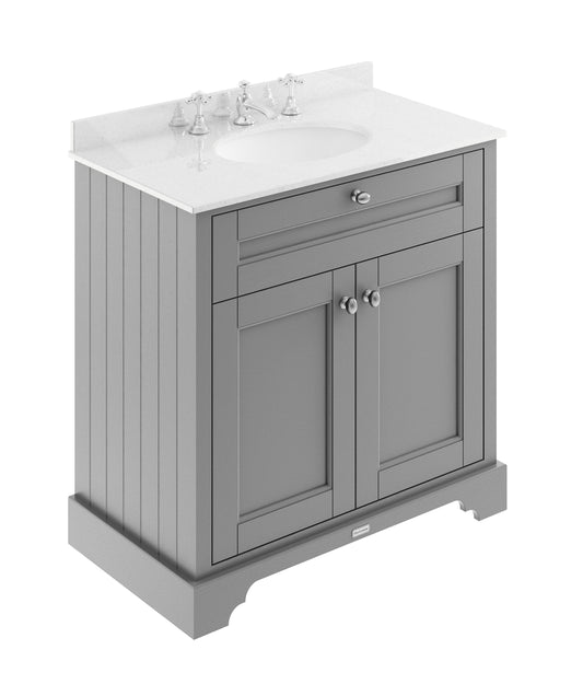 Hudson Reed Old London 800mm Storm Grey Floor Standing 2 Door Vanity Unit with 3 Tap Hole White Marble Top Basin