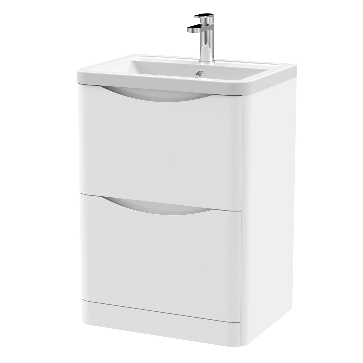 Nuie Lunar 600mm Satin White Floor Standing 2 Drawer Unit With Ceramic Basin & 1 Tap Hole