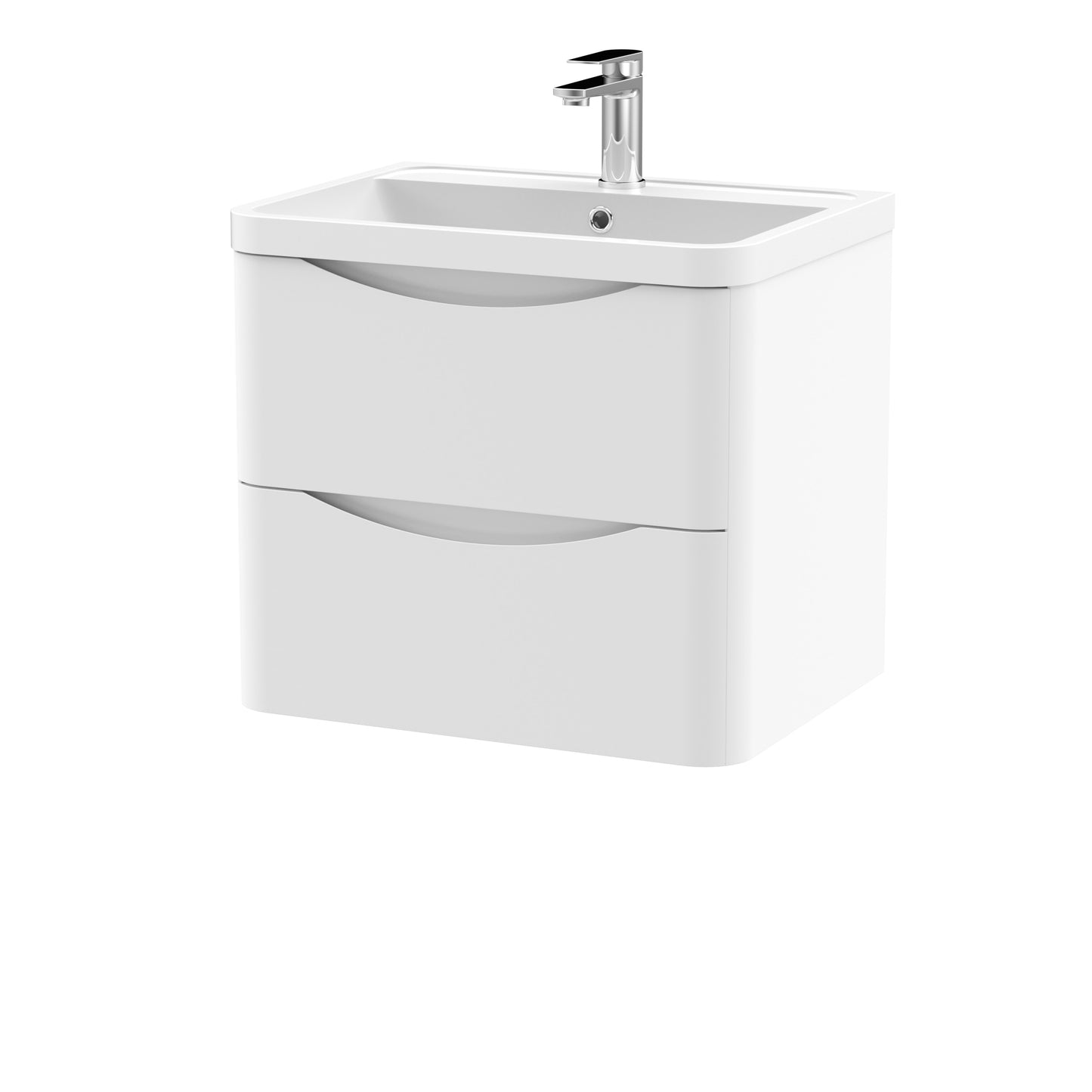 Nuie Lunar 600mm Satin White Wall Hung 2 Drawer Vanity Unit With Polymarble Basin