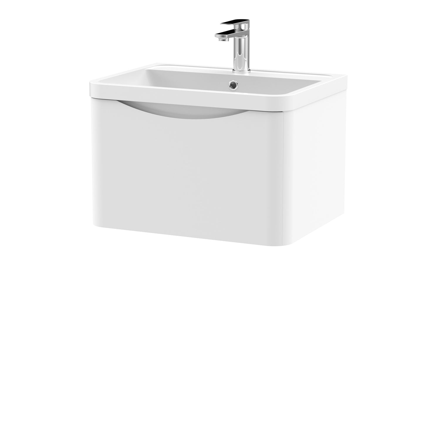 Nuie Lunar Satin White 600mm Wall Hung 1 Drawer Vanity Unit With Polymarble Basin