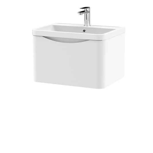 Nuie Lunar Satin White 600mm Wall Hung 1 Drawer Vanity Unit With Polymarble Basin