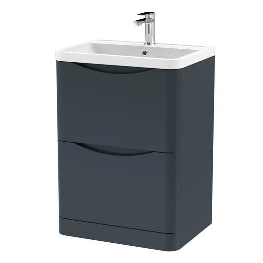 Nuie Lunar 600mm Floor Standing 2 Drawer Unit With Polymarble Basin, Soft Close