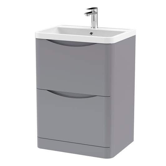 Nuie Lunar 600mm Satin Grey Floor Standing 2 Drawer Vanity Unit Including Basin