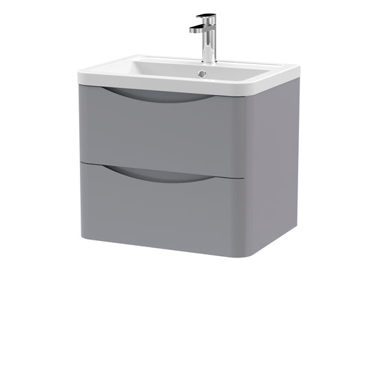 Nuie Lunar 600mm Satin Grey Wall Hung 2 Drawer Vanity Unit With Ceramic Basin