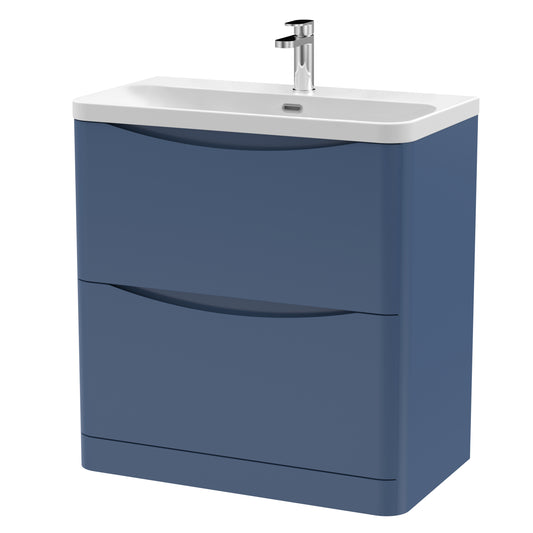 Nuie Lunar 800mm Satin Blue Floor Standing 2 Drawer Vanity Unit With Ceramic Basin