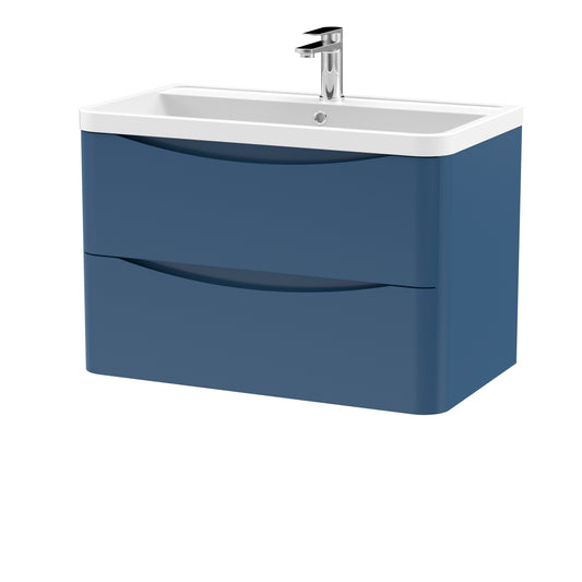 Nuie Lunar 800mm Satin Blue Wall Hung 2 Drawer Vanity Unit & Polymarble Basin