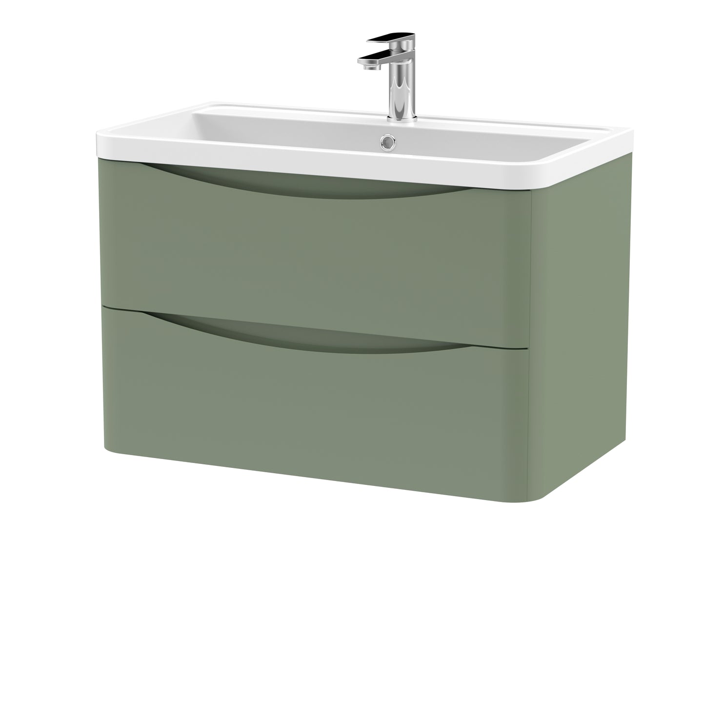 Nuie Lunar 800mm Satin Green Wall Hung Vanity Unit With Polymarble Basin