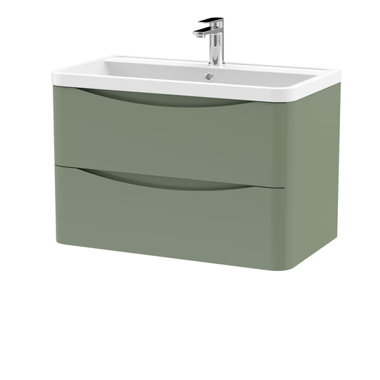 Nuie Lunar 800mm Satin Green Wall Hung Vanity Unit With Polymarble Basin