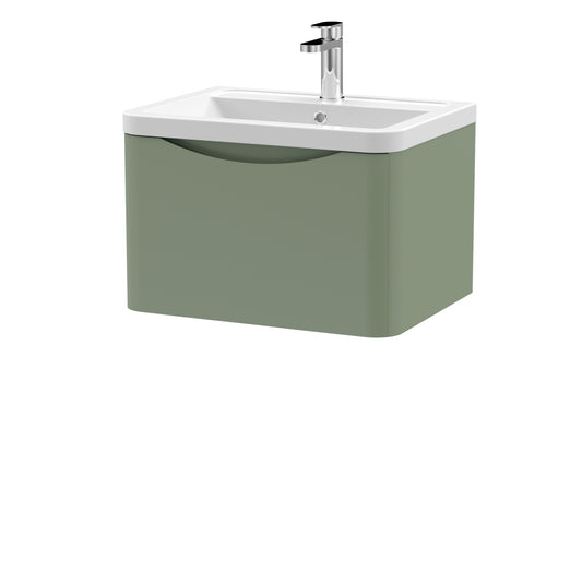 Nuie Lunar 600mm Satin Green Wall Hung 1 Drawer Vanity Unit With Ceramic Basin