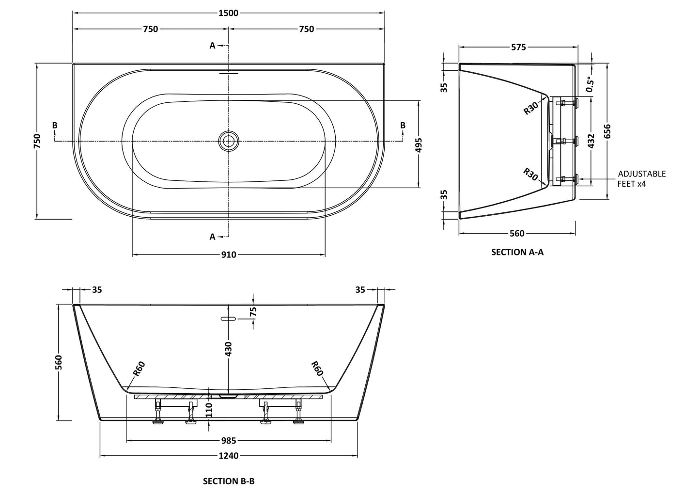 Myriad Curved Back to Wall Freestanding Bath by Nuie