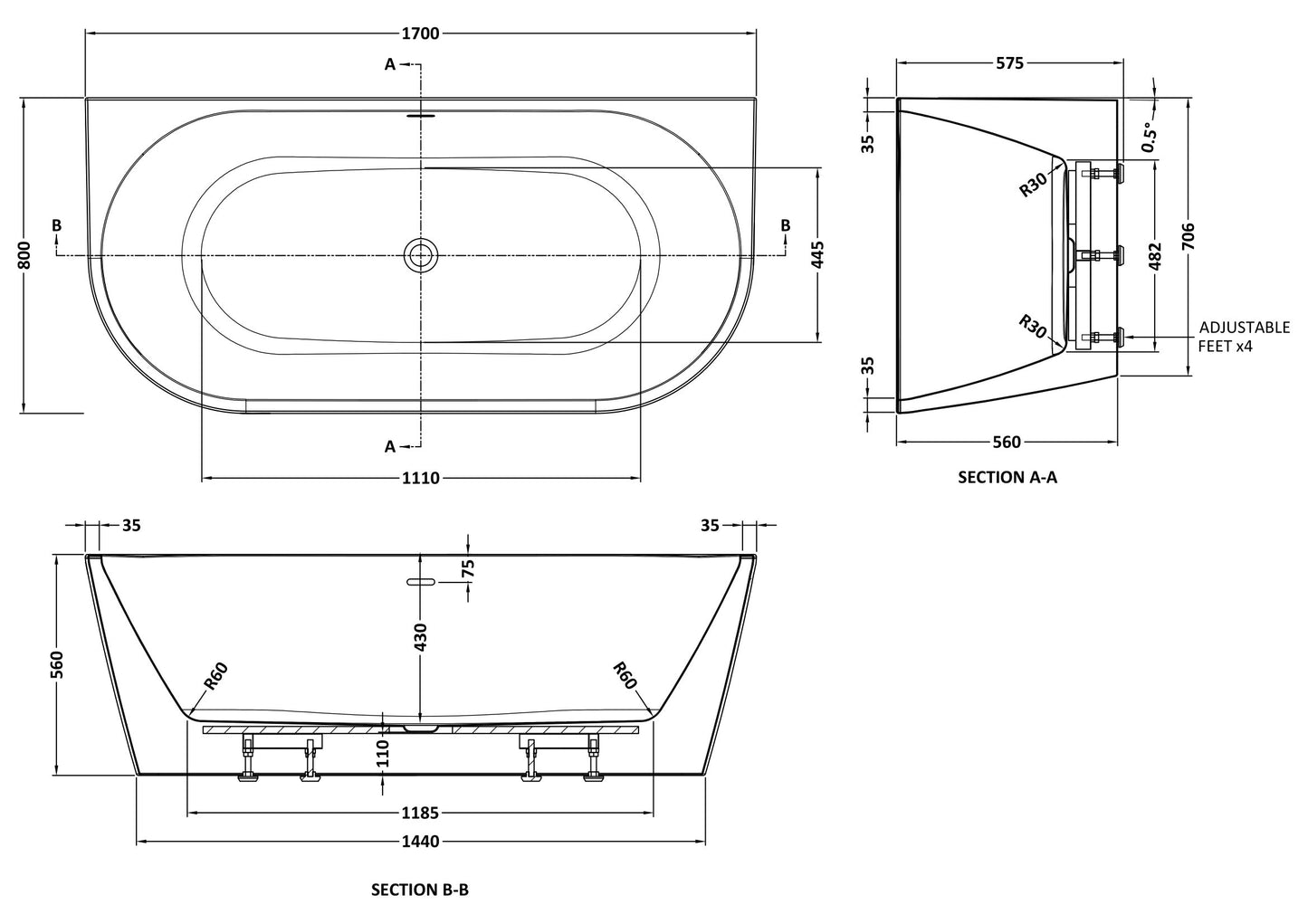 Myriad Curved Back to Wall Freestanding Bath by Nuie