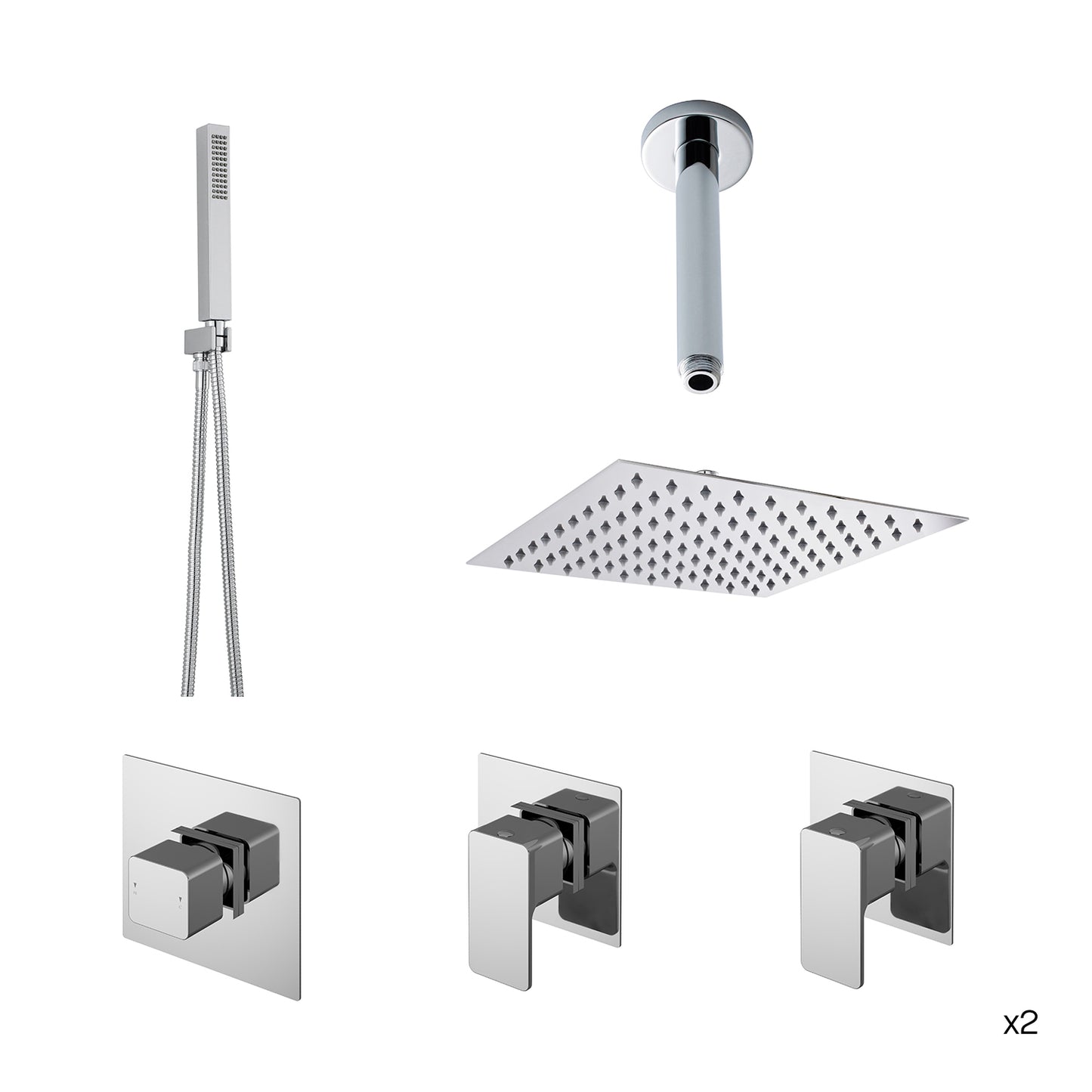 Nuie Modern Chrome Double Shower Bundle With Heads & Handsets