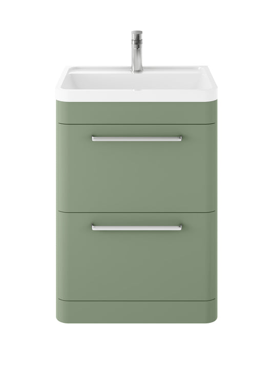 Hudson Reed Solar 600mm Fern Green Floor Standing 2-Drawer Vanity Unit With Polymarble 1 Tap Hole Basin